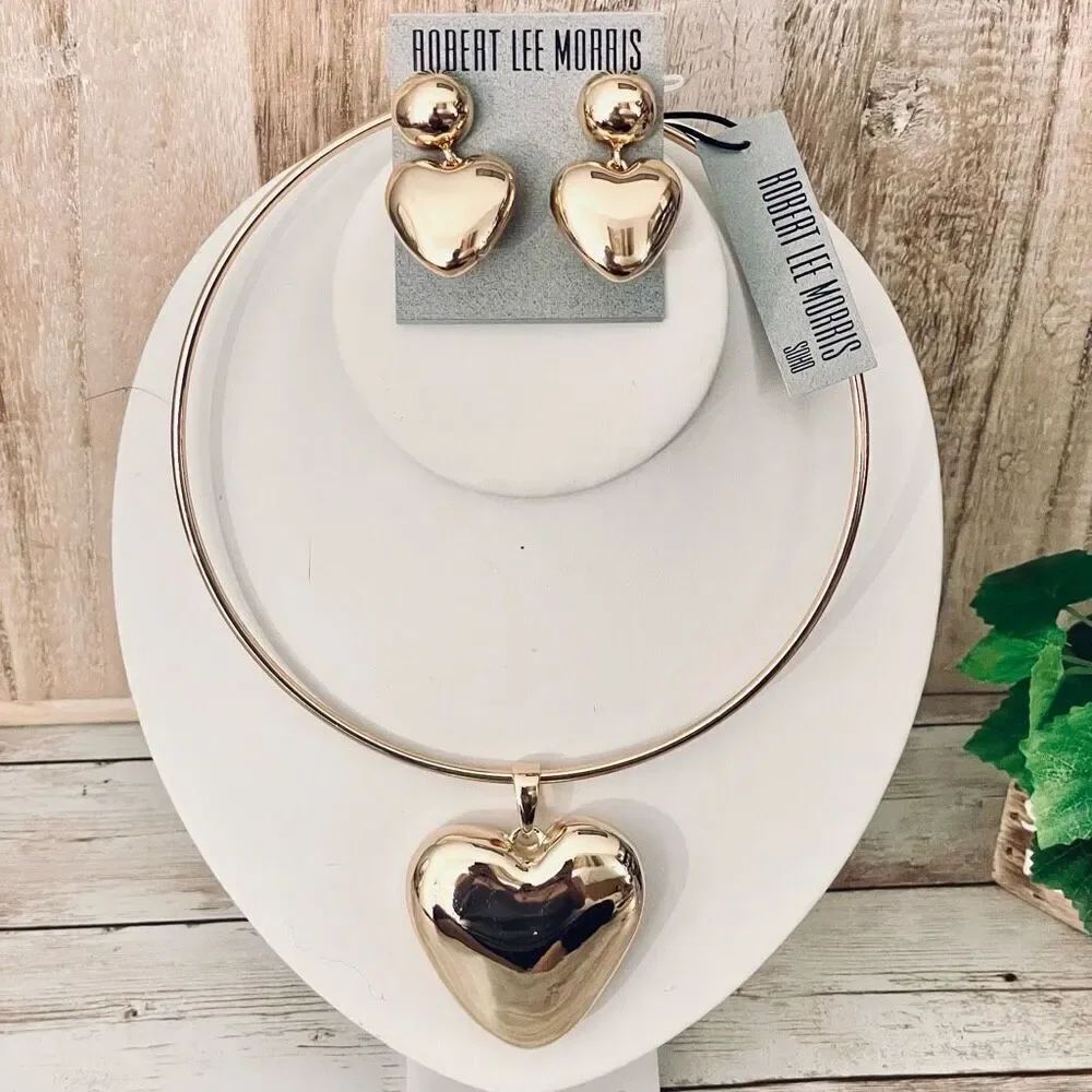 NWT Robert Lee Morris Highly polished Gold Necklace Earrings Set Puffy Heart